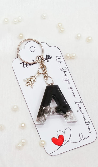 Haute Crafts Black & Silver ("A")- with small Tree , Resin Alphabet Initial Letter Keychain Key Ring for Women Girls Purse Handbags, Bike, Car Keyring ("A")