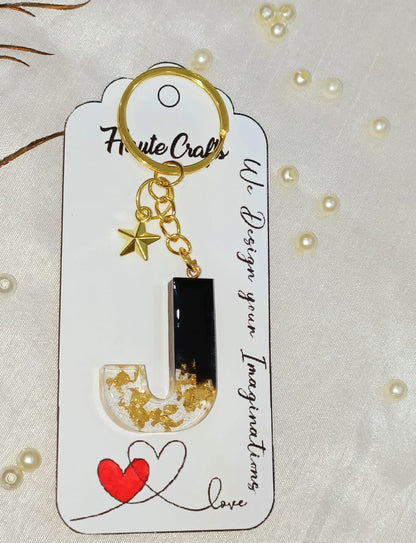 Haute Crafts Black & Golden ("J")- with Golden Star, Resin Alphabet Initial Letter Keychain Key Ring for Women Girls Purse Handbags, Bike, Car Keyring ("J")