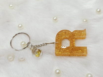 Haute Crafts Shiny Glittery Golden ("R")- with small Glass Ball, Resin Alphabet Initial Letter Keychain Key Ring for Women Girls Purse Handbags, Bike, Car Keyring ("R")