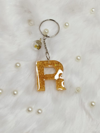 Haute Crafts Shiny Glittery Golden ("R")- with small Glass Ball, Resin Alphabet Initial Letter Keychain Key Ring for Women Girls Purse Handbags, Bike, Car Keyring ("R")