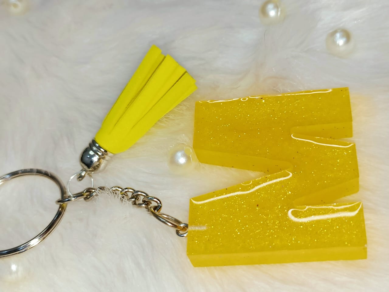Haute Crafts Shiny Yellow ("M")- with Yellow Tassel, Resin Alphabet Initial Letter Keychain Key Ring for Women Girls Purse Handbags, Bike, Car Keyring ("M")
