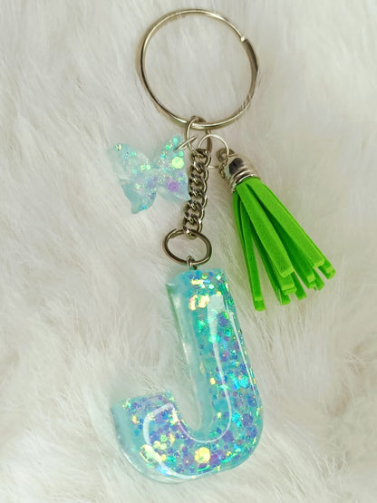 Haute Crafts Shiny Glittery Light Teal ("J")- with Butterfly & Tassel, Resin Alphabet Initial Letter Keychain Key Ring for Women Girls Purse Handbags, Bike, Car Keyring ("J")