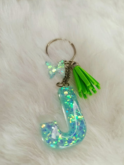 Haute Crafts Shiny Glittery Light Teal ("J")- with Butterfly & Tassel, Resin Alphabet Initial Letter Keychain Key Ring for Women Girls Purse Handbags, Bike, Car Keyring ("J")