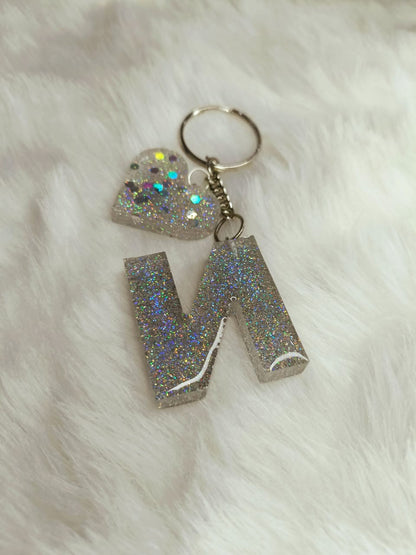 Haute Crafts Shiny Glittery Silver ("N")- with Big Heart, Resin Alphabet Initial Letter Keychain Key Ring for Women Girls Purse Handbags, Bike, Car Keyring, Home, Small Gifts, ("N")