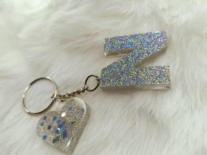 Haute Crafts Shiny Glittery Silver ("N")- with Big Heart, Resin Alphabet Initial Letter Keychain Key Ring for Women Girls Purse Handbags, Bike, Car Keyring, Home, Small Gifts, ("N")