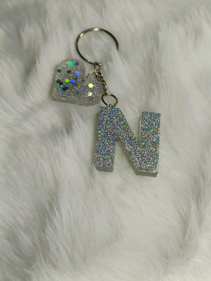 Haute Crafts Shiny Glittery Silver ("N")- with Big Heart, Resin Alphabet Initial Letter Keychain Key Ring for Women Girls Purse Handbags, Bike, Car Keyring, Home, Small Gifts, ("N")