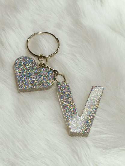 Haute Crafts Shiny Silver ("V")- with Heart, Resin Alphabet Initial Letter Keychain Key Ring for Women Girls Purse Handbags, Bike, Car Keyring ("V")