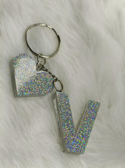 Haute Crafts Shiny Silver ("V")- with Heart, Resin Alphabet Initial Letter Keychain Key Ring for Women Girls Purse Handbags, Bike, Car Keyring ("V")