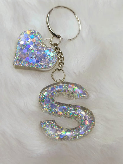 Haute Crafts Shiny Glittery Silver ("S")- with Big Heart, Resin Alphabet Initial Letter Keychain Key Ring for Women Girls Purse Handbags, Bike, Car Keyring ("S")