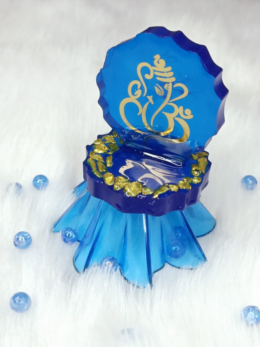 Haute Crafts 2.5 Inch Resin art Handcrafted Premium "Ganesh ji " with Gold Crystal Texture for Car Dashboard, Home Decor, Puja Ghar and Gifting.