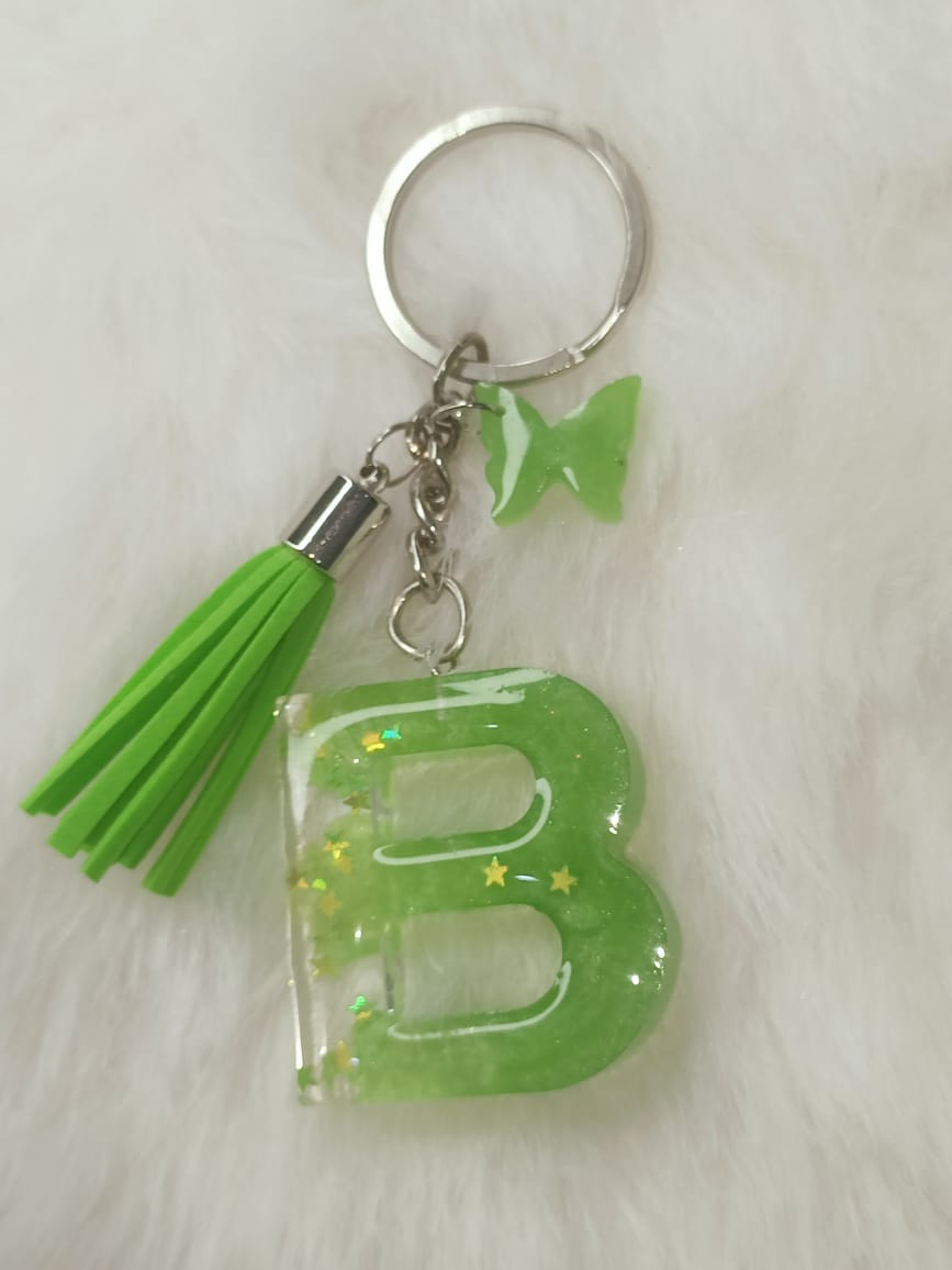 Haute Crafts Shiny Star Light Green ("B")- with small Butterfly & Green Tassel, Resin Alphabet Initial Letter Keychain Key Ring for Women Girls Purse Handbags, Bike, Car Keyring, Small Gifts, Home, ("B"