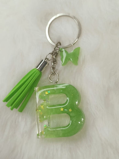 Haute Crafts Shiny Star Light Green ("B")- with small Butterfly & Green Tassel, Resin Alphabet Initial Letter Keychain Key Ring for Women Girls Purse Handbags, Bike, Car Keyring, Small Gifts, Home, ("B"