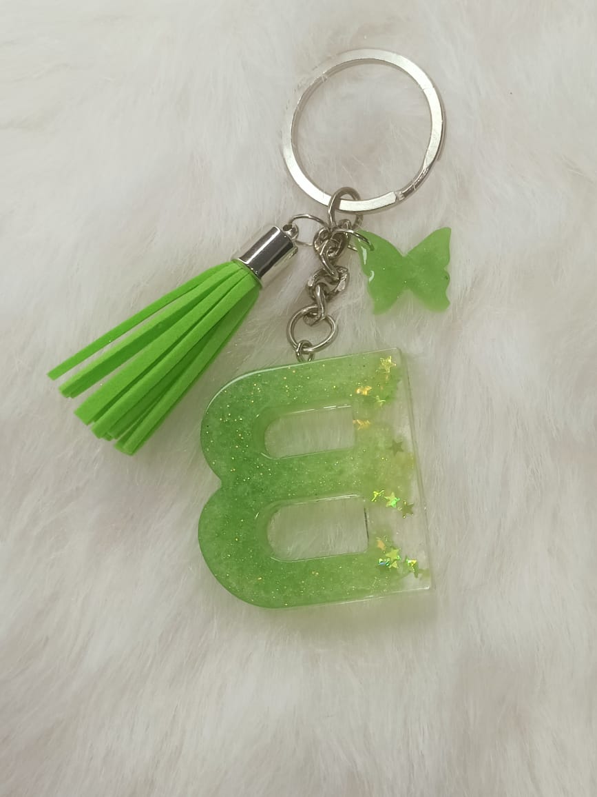 Haute Crafts Shiny Star Light Green ("B")- with small Butterfly & Green Tassel, Resin Alphabet Initial Letter Keychain Key Ring for Women Girls Purse Handbags, Bike, Car Keyring, Small Gifts, Home, ("B"