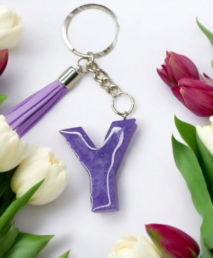 Haute Crafts Shiny Glittery Purple ("Y")- with Tassel, Resin Alphabet Initial Letter Keychain Key Ring for Women Girls Purse Handbags, Bike, Car Keyring ("Y")