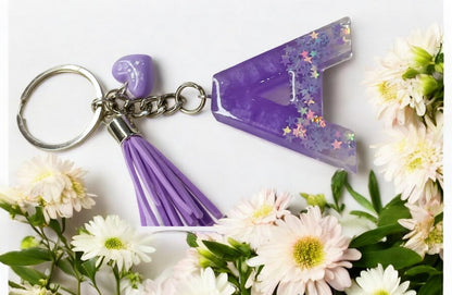 Haute Crafts Shiny Glittery Purple ("A")- with small Heart & Tassel, Resin Alphabet Initial Letter Keychain Key Ring for Women Girls Purse Handbags, Bike, Car Keyring ("A")