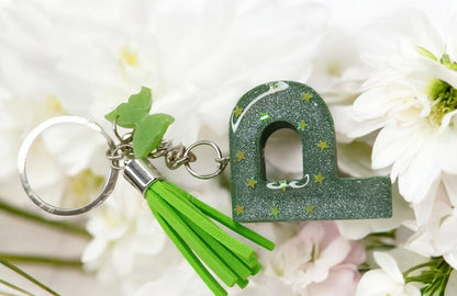Haute Crafts Shiny Glittery Green ("P")- with small Butterfly & Tassel, Resin Alphabet Initial Letter Keychain Key Ring for Women Girls Purse Handbags, Bike, Car Keyring ("P")