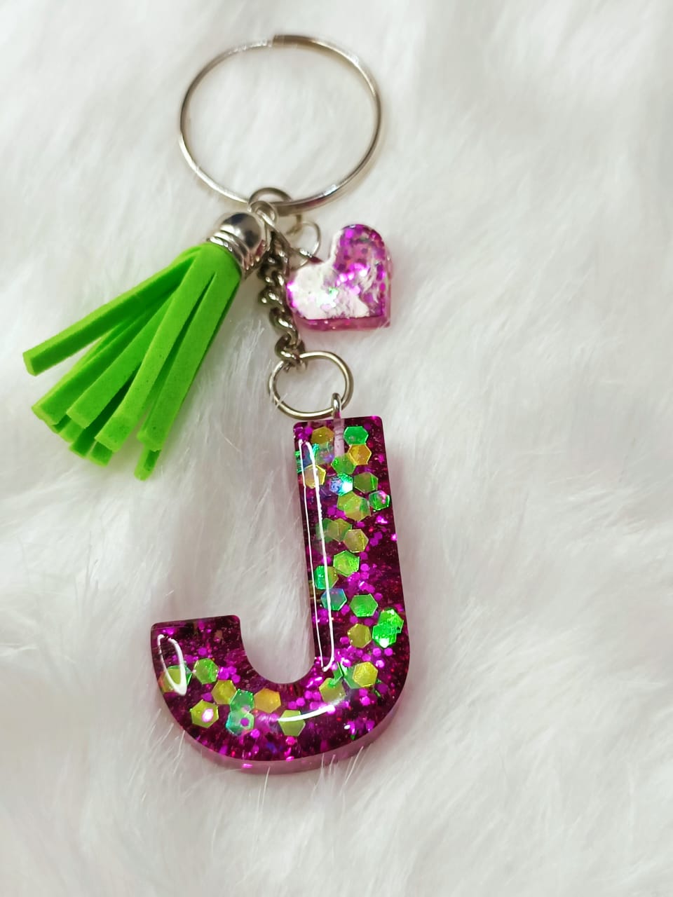 Haute Crafts Shiny Glittery Green & Pink ("J")- with small Heart & Green Tassel, Resin Alphabet Initial Letter Keychain Key Ring for Women Girls Purse Handbags, Bike, Car Keyring ("J")
