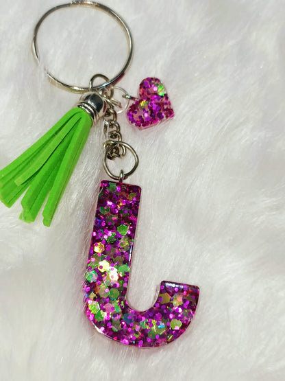 Haute Crafts Shiny Glittery Green & Pink ("J")- with small Heart & Green Tassel, Resin Alphabet Initial Letter Keychain Key Ring for Women Girls Purse Handbags, Bike, Car Keyring ("J")