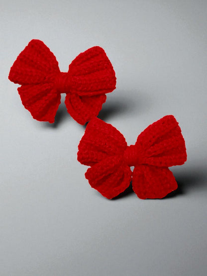 Handmade Crochet Red Bow Hair Accessories, Large Knit Ribbon Bows,Pack -2