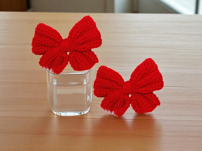 Handmade Crochet Red Bow Hair Accessories, Large Knit Ribbon Bows,Pack -2