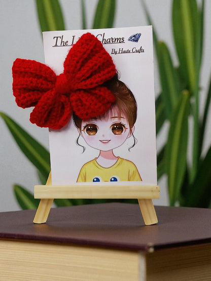 Handmade Crochet Red Bow Hair Accessories, Large Knit Ribbon Bows,Pack -2
